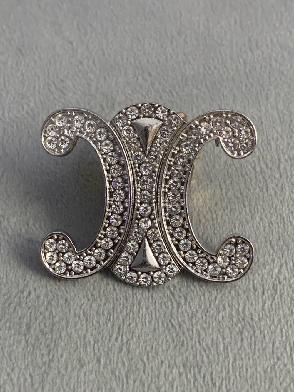 Elegant UpcycledvCrystal Double-C Motif Pin Brooch - Silver Crystal